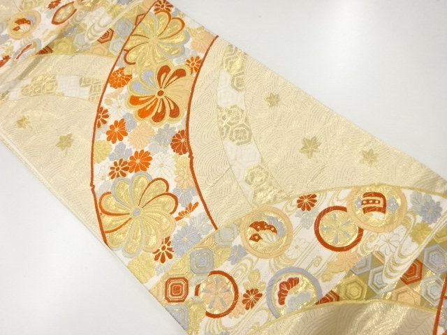 リサイクル　竹垣に花模様織出し袋帯